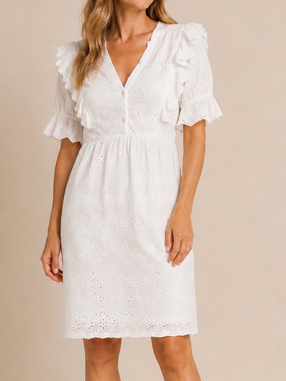 White Eyelet Ruffle Sleeve Dress | Embroidered | Size M | Brand: Jennifer& Grace